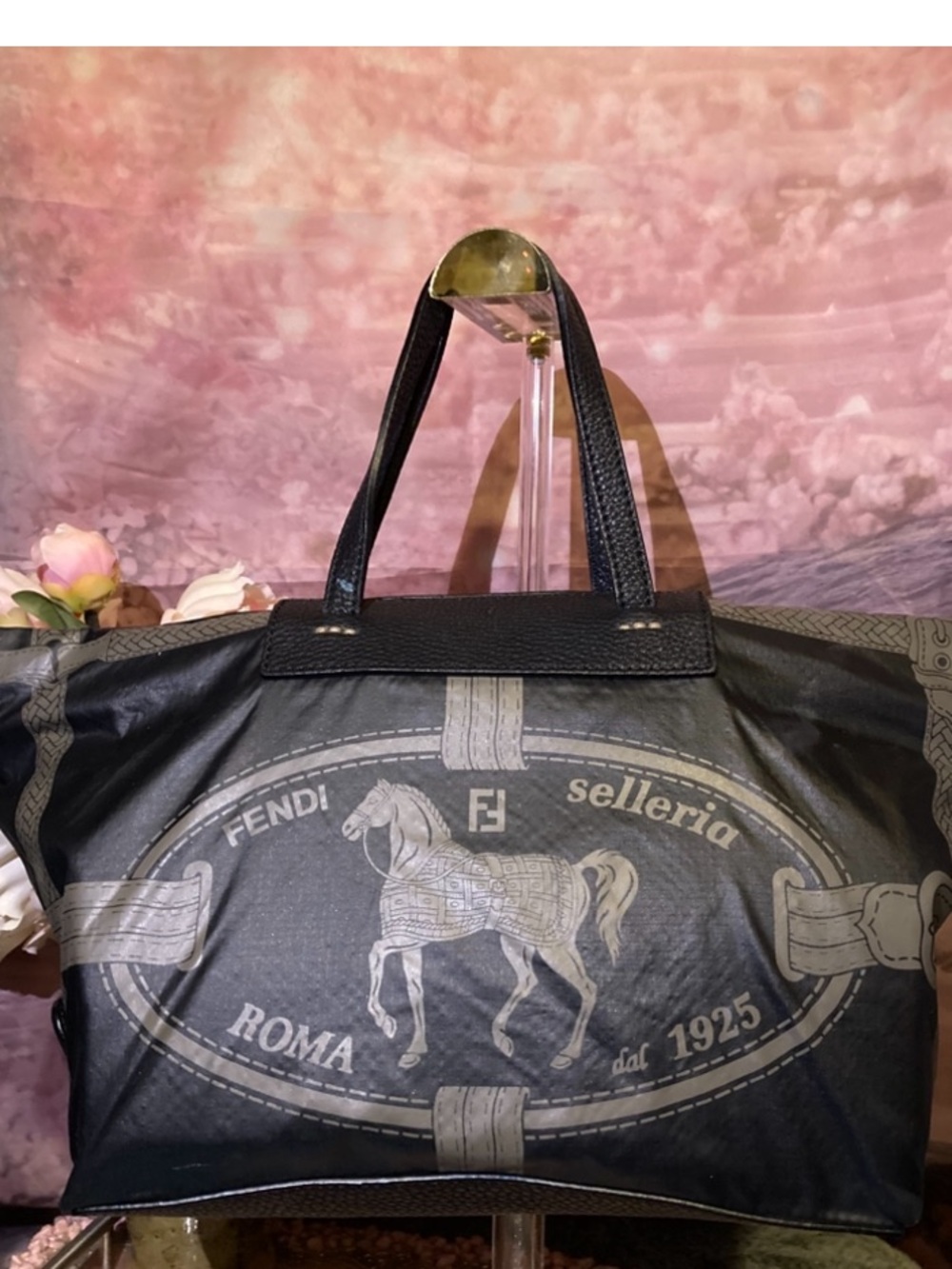 Fendi Selleria Black Leather and Nylon Tote w Holographic tag